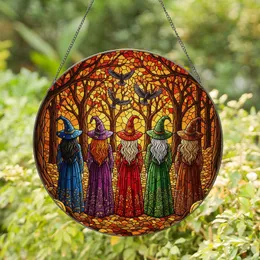 Five Witches Stained Glass Autumn Forest Mosaic - Enchanted Woodland Fall Halloween Decor Stained Glass Suncatcher