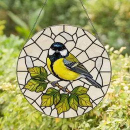 Great Tit Bird Stained Glass Tiffany Style Art - Yellow Belly Green Leaf Mosaic Detailed Stained Glass Suncatcher