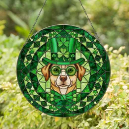 Tiffany Style Stained Glass Tan Dog Green Top Hat Shamrock - St. Patrick's Day Gift Stained Glass Suncatcher