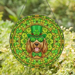 Brown Shaggy Dog Leprechaun Hat Four-Leaf Clover St. Patrick's Day Irish Celebration Stained Glass Suncatcher