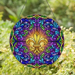 Golden Fleur-de-Lis Intricate Stained Glass Mosaic Art Purple Blue Green Decor Stained Glass Suncatcher