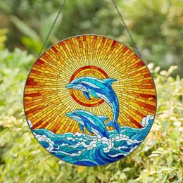 Graceful Dolphins Leaping Ocean Waves Radiant Sun Ray Detailed Stained Glass Art Stained Glass Suncatcher