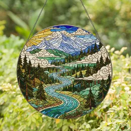 Stained Glass Mountain Peaks River Forest Sun - Tiffany Style Jewel Tone Art Decor Stained Glass Suncatcher