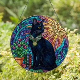 Black Cat Pentagram Stained Glass Window Art - Books Plant Mosaic Decor Cat Lover Gift Stained Glass Suncatcher