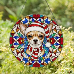 Chihuahua Dog Santa Hat Red Scarf Stained Glass Geometric Mosaic - Christmas Holiday Gift Stained Glass Suncatcher