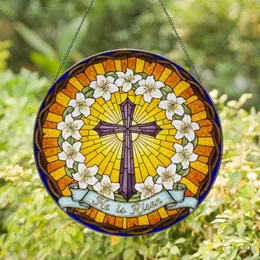 Tiffany Stained Glass Cross Easter Lilies 'He is Risen' Crown of Thorns - Faith Gift Stained Glass Suncatcher