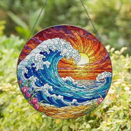 Detailed Tiffany Stained Glass Ocean Wave Sunrise Sunset Jewel Tones Beach Floral Art Stained Glass Suncatcher