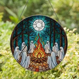 Vibrant Stained Glass Bonfire Ghosts Night Forest Full Moon Bats Gothic Ritual Decor Stained Glass Suncatcher