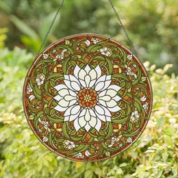 Colorful Stained Glass White Flower Medallion with Botanical Leaves & Tiffany Style Art Stained Glass Suncatcher