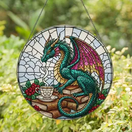 Majestic Fantasy Dragon Book Stack Teacup Red Berries Green Leaves Stained Glass Radiant Sky Stained Glass Suncatcher