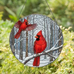 Stained Glass Male Cardinal Soaring Bird Winter Forest Tiffany Art Jewel Tone Decor Stained Glass Suncatcher