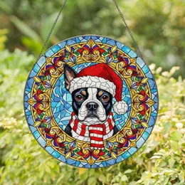 Boston Terrier Dog Santa Hat Scarf Stained Glass Jewel Tone Art - Christmas Dog Lover Gift Stained Glass Suncatcher