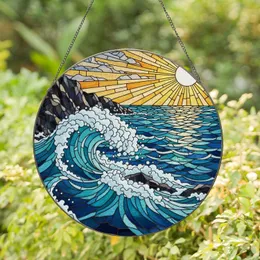 Powerful Ocean Waves Crashing Coastline Sun Rays - Rugged Cliff Tiffany Style Artwork Stained Glass Suncatcher