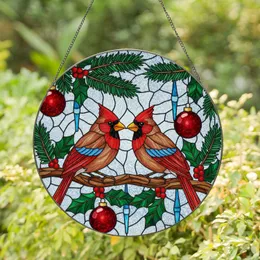 Northern Cardinals Stained Glass Christmas - Holly Pine Baubles Icicle Holiday Decor Stained Glass Suncatcher