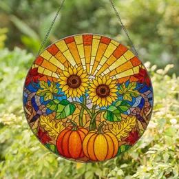Pumpkin Sunflower Autumn Leaves Stained Glass Tiffany Art Mosaic - Radiant Fall Decor Stained Glass Suncatcher