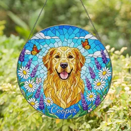 Golden Retriever Cooper Stained Glass Art - Intricate Wildflowers Butterflies Blue Sky Mosaic Stained Glass Suncatcher