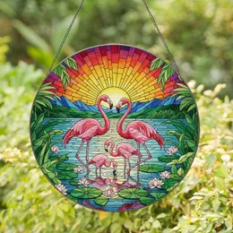 Pink Flamingos Tropical Sunset Water Lily Pads Tiffany Style Stained Glass Art Jewel Tones Stained Glass Suncatcher