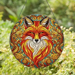 Stylized Fox Head Flame Mosaic Stained Glass Art with Intense Amber Eyes - Tiffany Decor Stained Glass Suncatcher