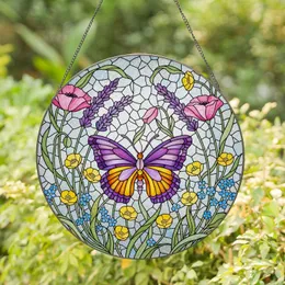 Purple Yellow Butterfly Stained Glass Lavender Poppy Buttercup Tiffany Colorful Mosaic Art Stained Glass Suncatcher