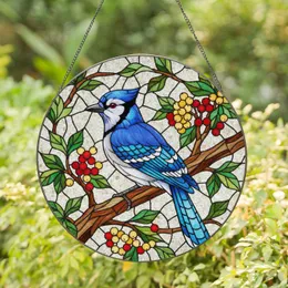 Stained Glass Blue Jay Bird on Brown Branch with Red & Yellow Berries - Tiffany Style Art Stained Glass Suncatcher