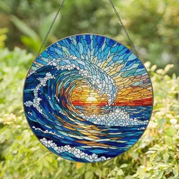 Stained Glass Ocean Wave Art - Sunset Through Hollow Tube Foamy Spray Tiffany Seascape Stained Glass Suncatcher
