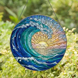 Majestic Ocean Wave Tiffany Glass Sunset Sky Scene - Iridescent Sea Foam Glass Art Stained Glass Suncatcher