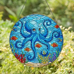 Detailed Blue Octopus Tropical Fish Underwater Seascape Edge-to-Edge Stained Glass Art Stained Glass Suncatcher
