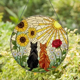 Black Cat Orange Cat Sunflowers Daisies Rose Stained Glass Sun Window Art Home Decor Stained Glass Suncatcher