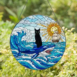 Black Cat Green Eyes Shark Ocean Ship - Tiffany Stained Glass Look Wall Decor Stained Glass Suncatcher