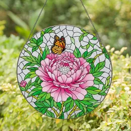 Pink Peony Monarch Butterfly Stained Glass Mosaic - Tiffany Style Home Decor Gift Stained Glass Suncatcher