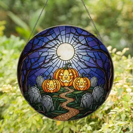 Jack-o'-lantern Gravestone Full Moon Twilight Tiffany Glass - Halloween Fall Decor Stained Glass Suncatcher