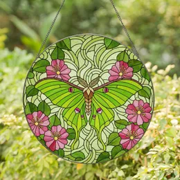 Lime Green Luna Moth Pink Flowers Stained Glass Tiffany Mosaic Jewel Tones Feathery Antennae Stained Glass Suncatcher