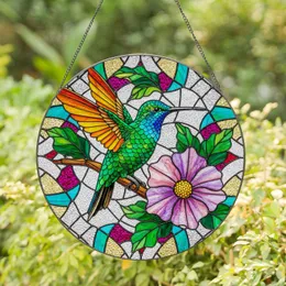 Hummingbird Tiffany Stained Glass - Emerald Green Bird, Orange Teal Wings, Purple Flower Stained Glass Suncatcher