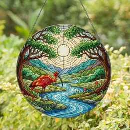 Scarlet Ibis Stained Glass River Mountains Moon Tiffany Art Wildlife Window Decor Stained Glass Suncatcher