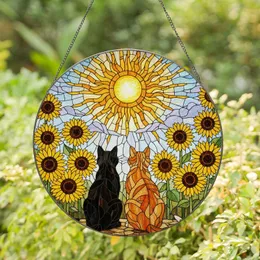 Black Cat Orange Tabby Sunflowers Sun Mosaic Stained Glass Tiffany Style Cat Lover Stained Glass Suncatcher