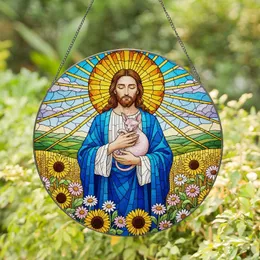 Jesus Cradling Pink Sphynx Cat Stained Glass Sunflowers Daisies Sunburst Sky Hills Stained Glass Suncatcher