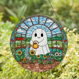 Friendly Ghost Watering Stained Glass Potted Plants in Arched Greenhouse Window Tiffany Art Stained Glass Suncatcher