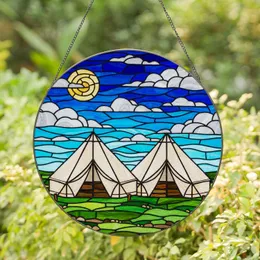 Camping Tents Sky Landscape Stained Glass Art - Detailed Mosaic Tiffany Style Jewel Tones Stained Glass Suncatcher