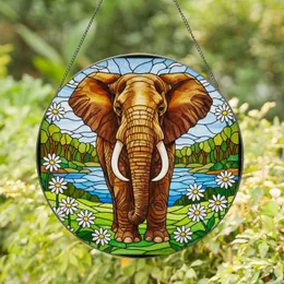 African Elephant Stained Glass, Daisy Flowers Landscape — Tiffany Style Wildlife Gift for Home Stained Glass Suncatcher