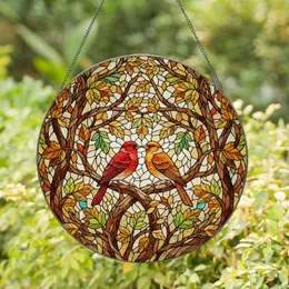Stained Glass Songbirds on Branch with Autumn Spring Foliage - Detailed Tiffany Art Stained Glass Suncatcher