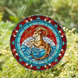 Teal Red-Orange Blue Gold Intricate Stained Glass Capricorn Sea-Goat Aries Mosaic Stained Glass Suncatcher