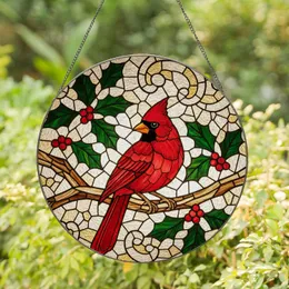 Male Cardinal Stained Glass Art with Holly Leaves & Red Berries, Tiffany Mosaic Style Stained Glass Suncatcher