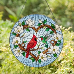 Red Cardinal Hummingbird in Heart Frame, Magnolia Blossoms Tiffany Stained Glass Mosaic Stained Glass Suncatcher