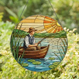Tiffany Style Fisherman Rowboat Sunset - Stained Glass Nature Fishing Home Decor Gift Stained Glass Suncatcher