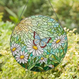Tiffany Stained Glass Butterfly Daisy Teal Yellow Red Garden Mosaic Home Decor Stained Glass Suncatcher