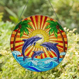 Dolphins Tropical Sunset Ocean Waves Palm Trees Tiffany Style Stained Glass Gift Stained Glass Suncatcher