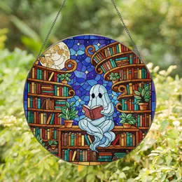 Tiffany Stained Glass Ghost Reading Book Bookshelf Moon Night Sky - Book Lover Gift Stained Glass Suncatcher