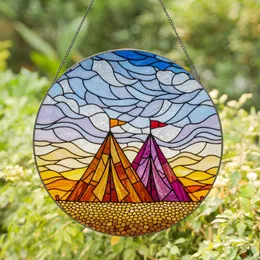 Stained Glass Camping Flag Tents Mosaic Sky - Detailed Swirling Clouds Jewel Tone Art Stained Glass Suncatcher