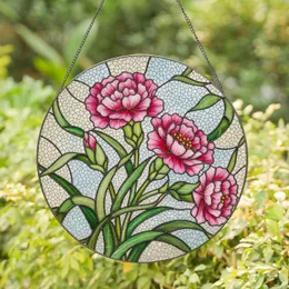 Three Pink Carnation Flowers Tiffany Glass Mosaic Art, Ruffled Petals, Green Leaves, Crackled Stained Glass Suncatcher