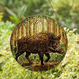 Majestic Wild Boar Profile Forest Undergrowth Stained Glass - Tiffany Style Glowing Jewel Tones Stained Glass Suncatcher